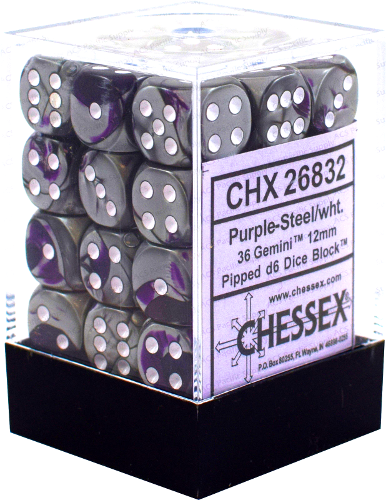 Chessex Dice Gemini Purple-Steel and White - Set of 36 D6 (CHX 26832) - Collector's Avenue