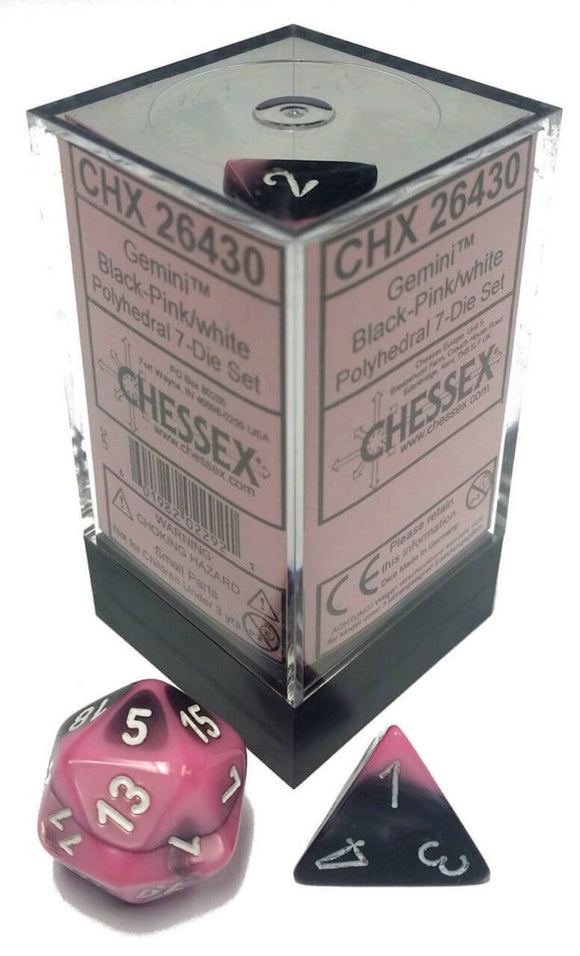 Chessex Dice Gemini Polyhedral 7-Die Set Black-Pink/White (CHX 26430) - Collector's Avenue