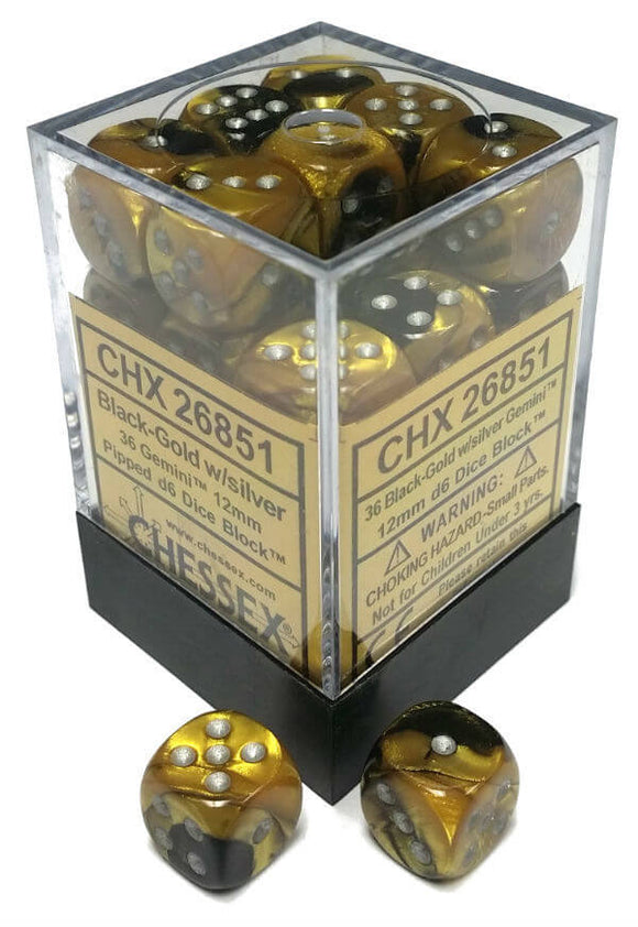 Chessex Dice Gemini Black-Gold and Silver - Set of 36 D6 (CHX 26851) - Collector's Avenue