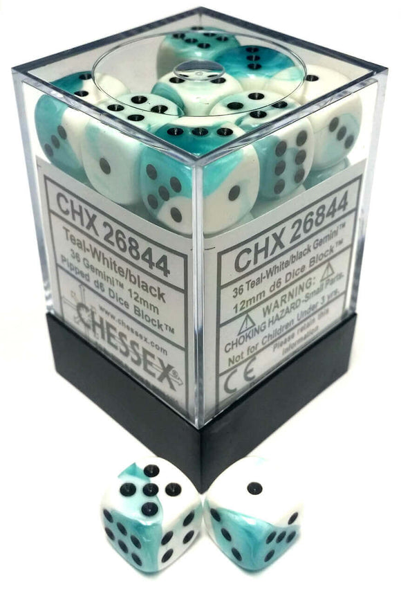 Chessex Dice Gemini Teal-White and Black - Set of 36 D6 (CHX 26844) - Collector's Avenue