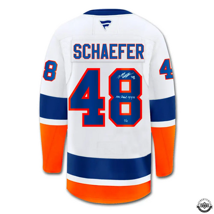 Matthew Schaefer Autographed & Inscribed White Premium New York Islanders Jersey "Upper Deck UDA"