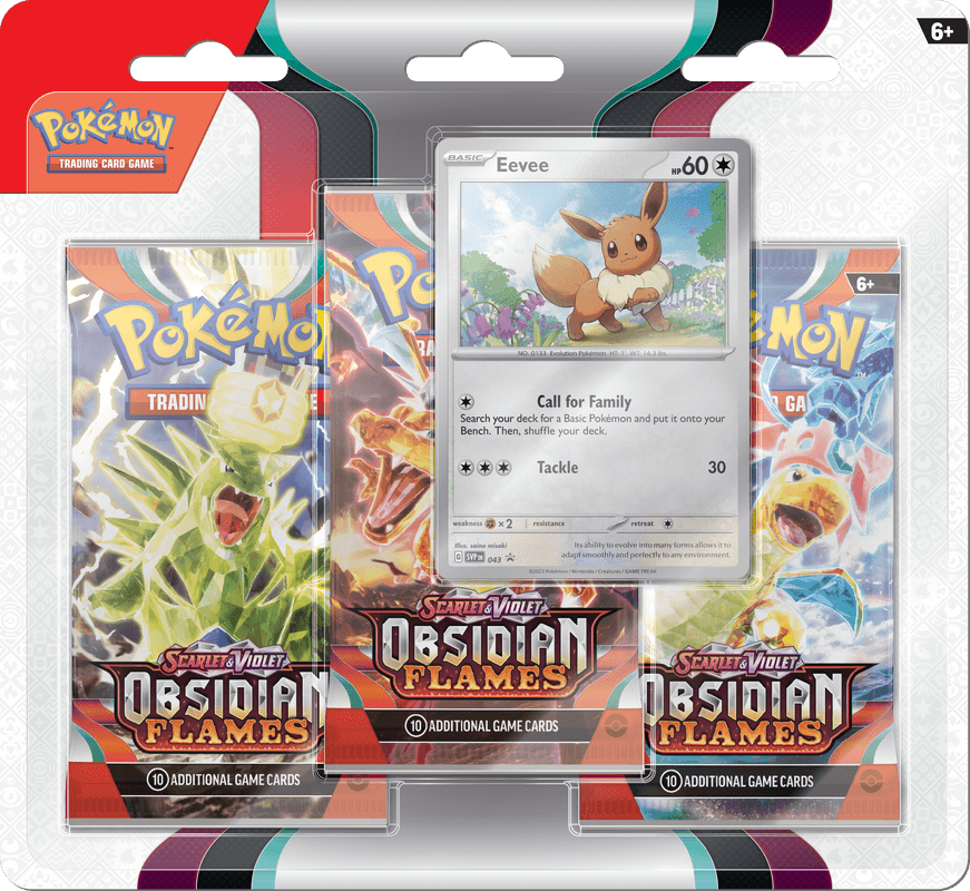 Pokemon Scarlet and Violet Obsidian Flames 3 Pack Blister Combo (Set of 2)- Eevee + Houndstone - Collector's Avenue