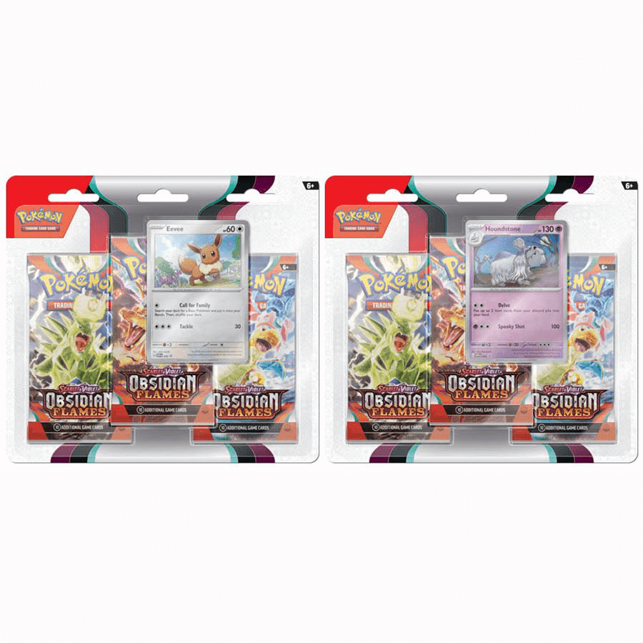 Pokemon Scarlet and Violet Obsidian Flames 3 Pack Blister Combo (Set of 2)- Eevee + Houndstone - Collector's Avenue