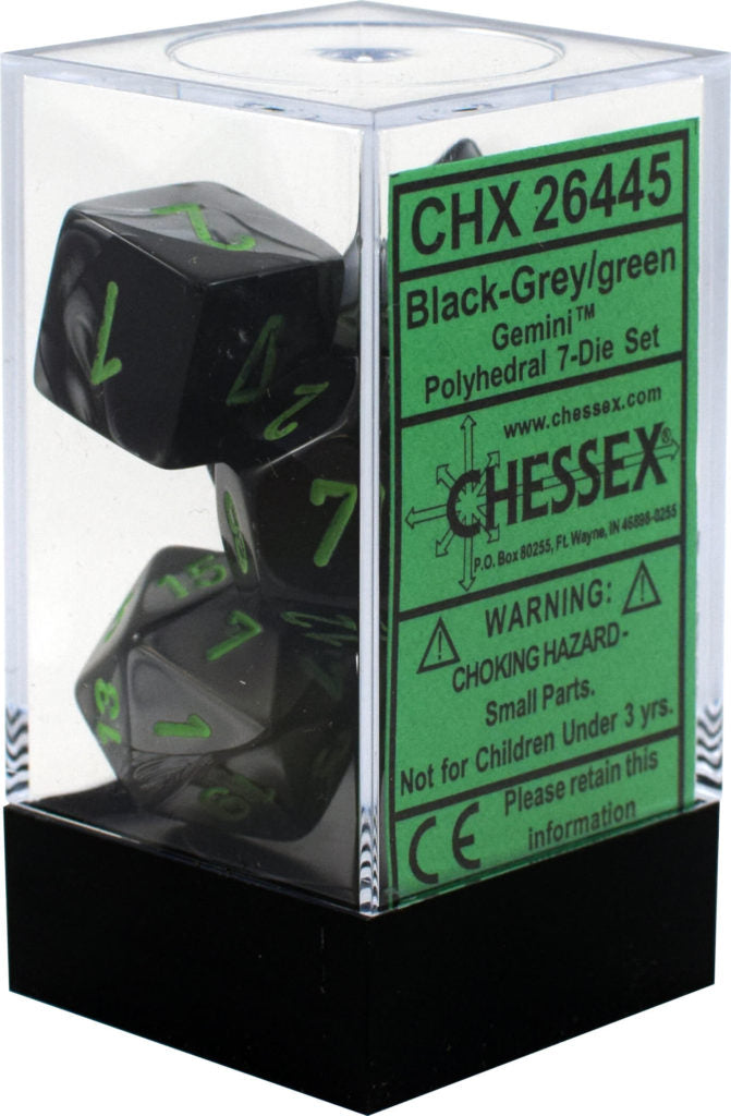 Chessex Dice Gemini Polyhedral 7-Die Set Black-Grey/Green (CHX 26445) - Collector's Avenue