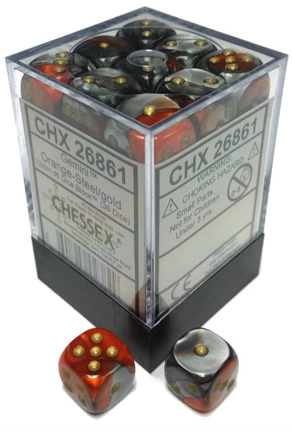 Chessex Dice Gemini Orange-Steel and Gold - Set of 36 D6 (CHX 26861) - Collector's Avenue