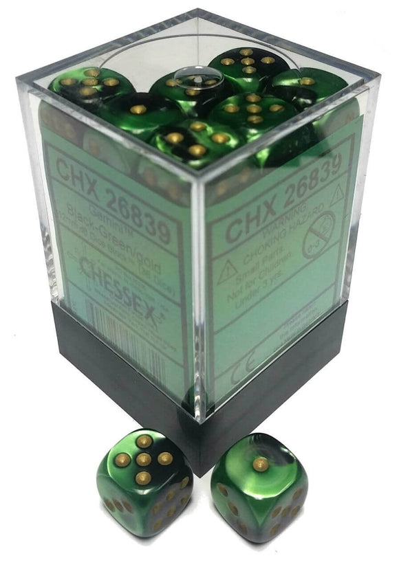 Chessex Dice Gemini Black-Green and Gold - Set of 36 D6 (CHX 26839) - Collector's Avenue