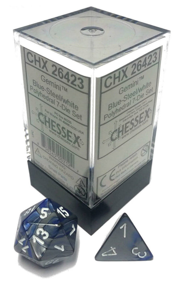 Chessex Dice Gemini Polyhedral 7-Die Set Blue-Steel/White (CHX 26423) - Collector's Avenue
